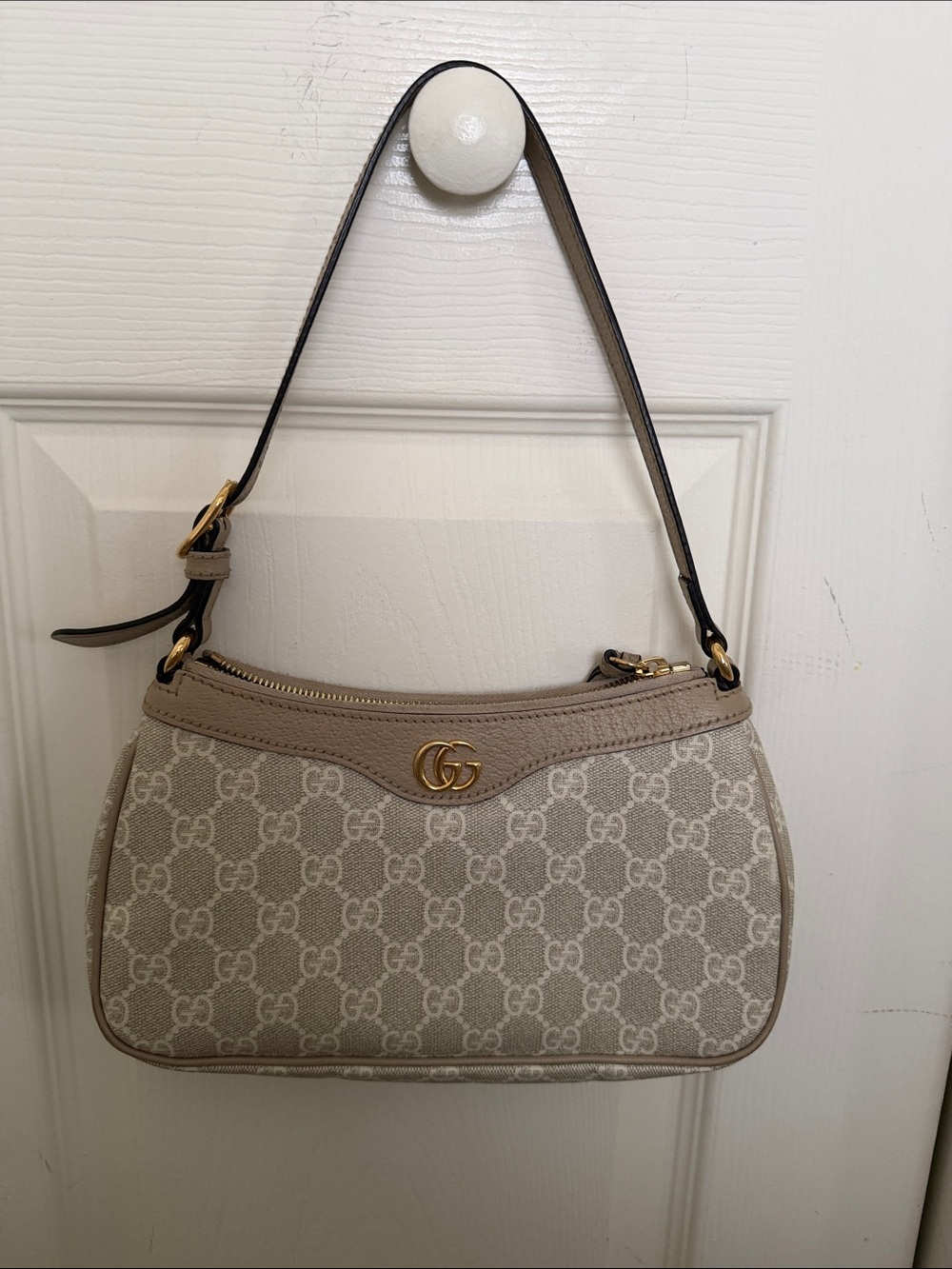 Gucci Beige/ Taupe GG Canvas Shoulder Bag with Gold Hardware
